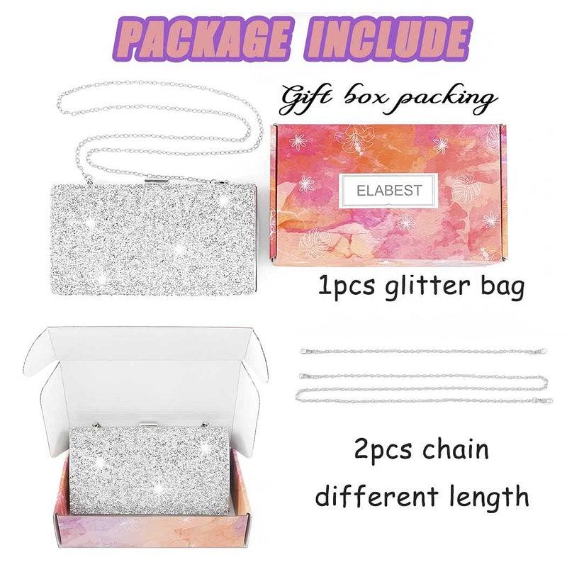 ELABEST Glitter Evening Clutch Bag Single Sided Diamond Bag Crossbody Purse Wedding Party Bag for Women and Girls (Silver) - Image 5