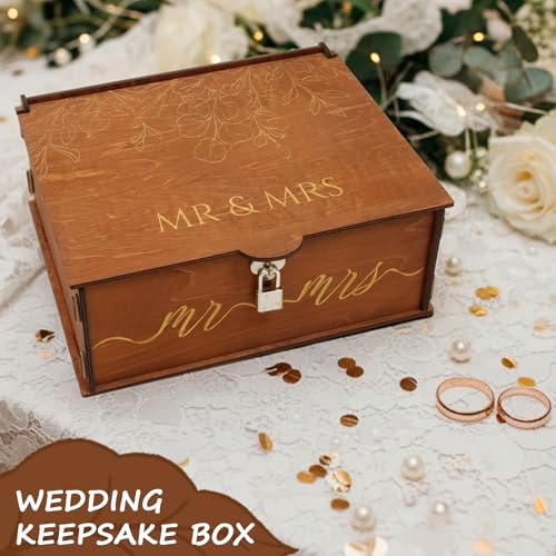 OurWarm Wedding Keepsake Box with Lock, Large Wooden Memory Box for Keepsakes, Wood Decorative Photo Storage Boxes with Lids, Mr and Mrs Personalized Anniversary Engagement Gifts for Couples - Image 2
