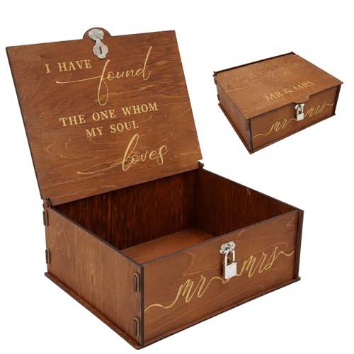 OurWarm Wedding Keepsake Box with Lock, Large Wooden Memory Box for Keepsakes, Wood Decorative Photo Storage Boxes with Lids, Mr and Mrs Personalized Anniversary Engagement Gifts for Couples - Image 1