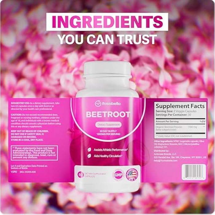 Rosabella Organic Beet Root Capsules - 1300mg Beet Root Powder Aids Healthy Circulation & Vitality, Non-GMO, Beet Root Supplement - 60 Capsules, 30-Day Supply - Image 2
