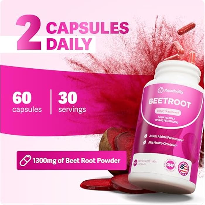 Rosabella Organic Beet Root Capsules - 1300mg Beet Root Powder Aids Healthy Circulation & Vitality, Non-GMO, Beet Root Supplement - 60 Capsules, 30-Day Supply - Image 3