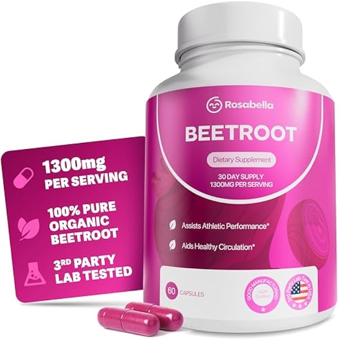 Rosabella Organic Beet Root Capsules - 1300mg Beet Root Powder Aids Healthy Circulation & Vitality, Non-GMO, Beet Root Supplement - 60 Capsules, 30-Day Supply - Image 1
