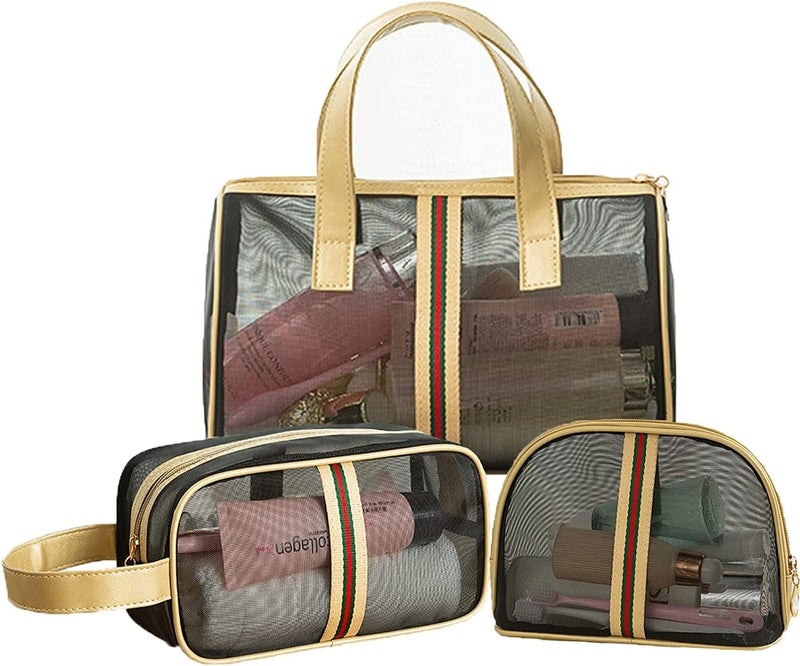 Zikra Multifunctional Storage Bag, Set of 3 Travel Cosmetic Bag Mesh Wash Bags, Quick Drying Portable Wash Bags Cosmetic Bag, Gold Stripe - Image 1