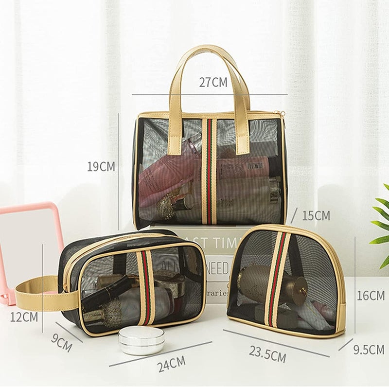 Zikra Multifunctional Storage Bag, Set of 3 Travel Cosmetic Bag Mesh Wash Bags, Quick Drying Portable Wash Bags Cosmetic Bag, Gold Stripe - Image 2