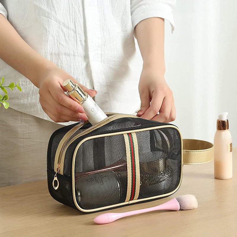 Zikra Multifunctional Storage Bag, Set of 3 Travel Cosmetic Bag Mesh Wash Bags, Quick Drying Portable Wash Bags Cosmetic Bag, Gold Stripe - Image 4