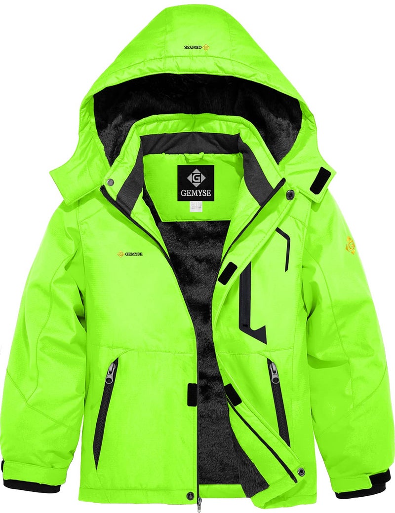 GEMYSE Boy's Waterproof Ski Snow Jacket Hooded Fleece Windproof Winter Jacket (Fluorescent Green,14/16) - Image 1