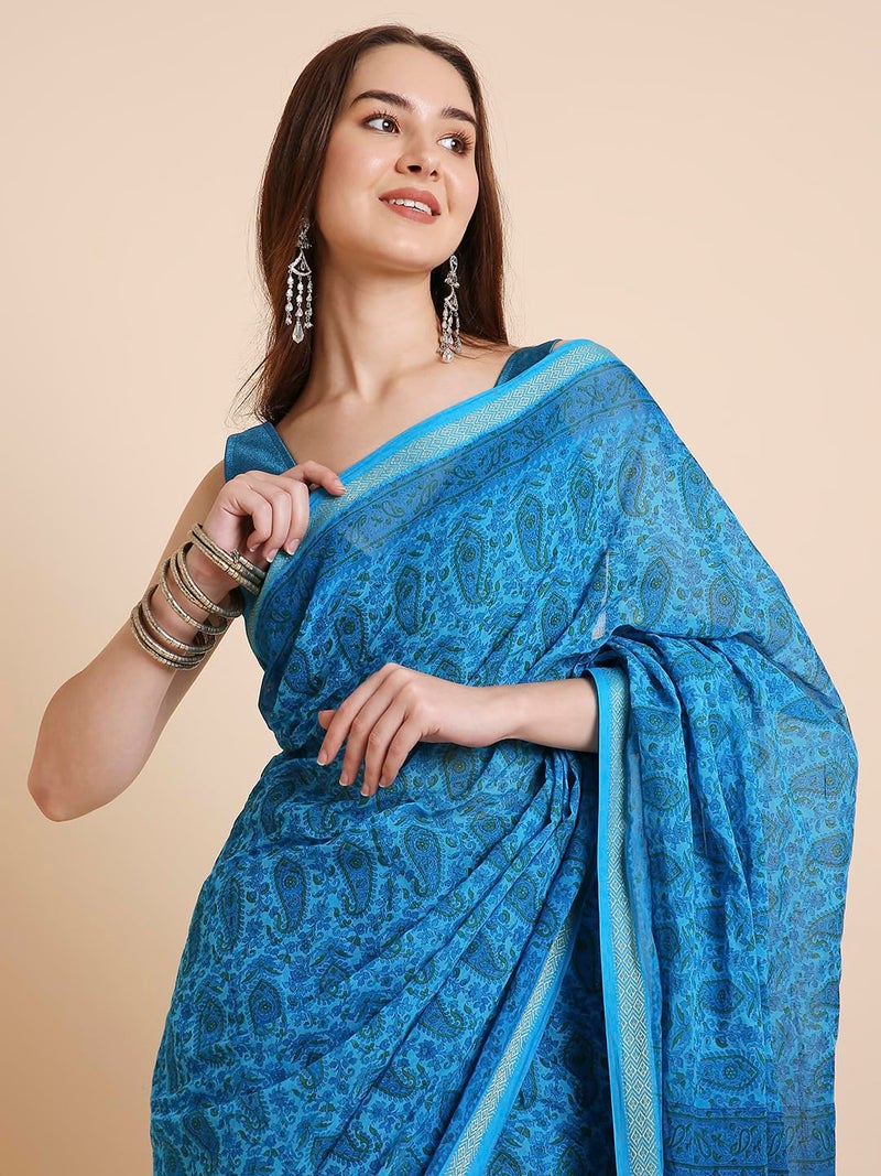 RATAN Pure Cotton Printed Mulmul Saree for Women with Blouse Piece (FIORI-BP-21912_Blue) - Image 5