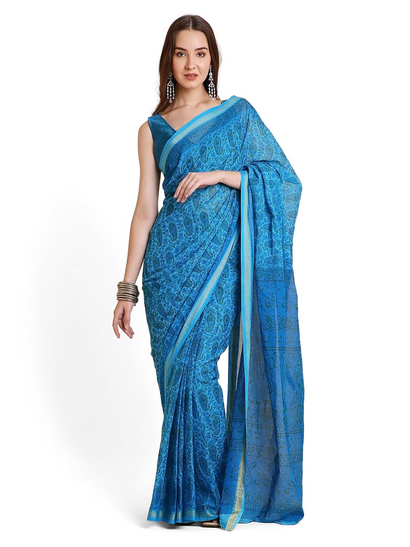 RATAN Pure Cotton Printed Mulmul Saree for Women with Blouse Piece (FIORI-BP-21912_Blue) - Image 1