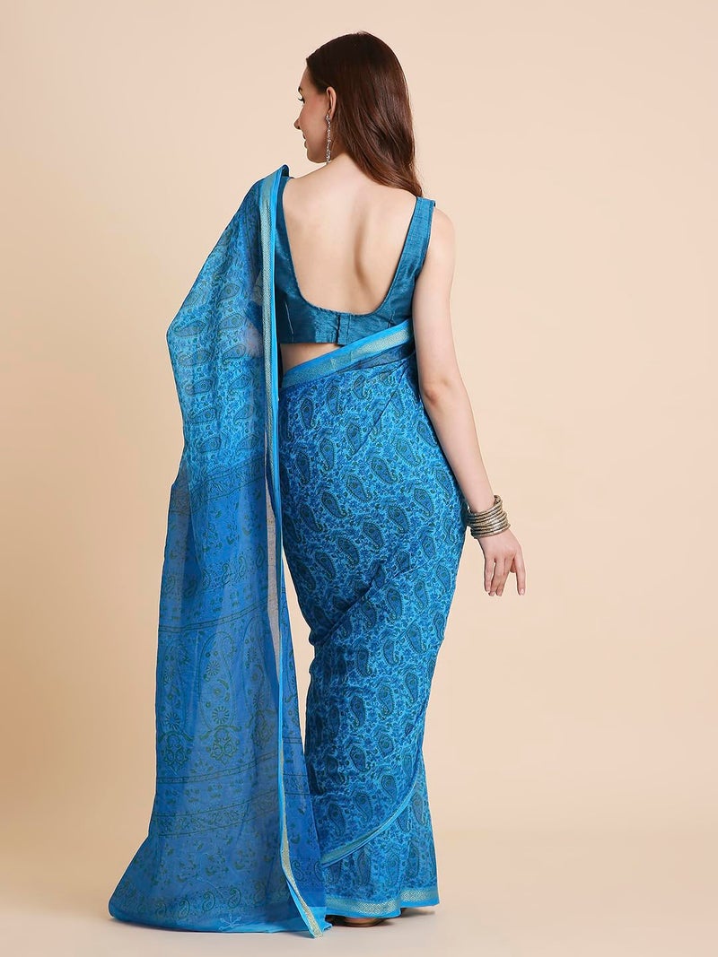 RATAN Pure Cotton Printed Mulmul Saree for Women with Blouse Piece (FIORI-BP-21912_Blue) - Image 2
