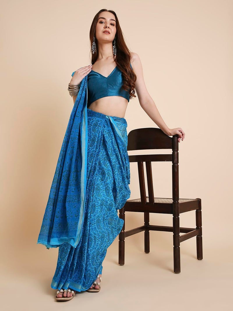 RATAN Pure Cotton Printed Mulmul Saree for Women with Blouse Piece (FIORI-BP-21912_Blue) - Image 3