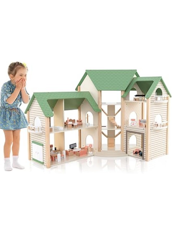 GYMAX Wooden Dollhouse Green MSN23023 - Image 1