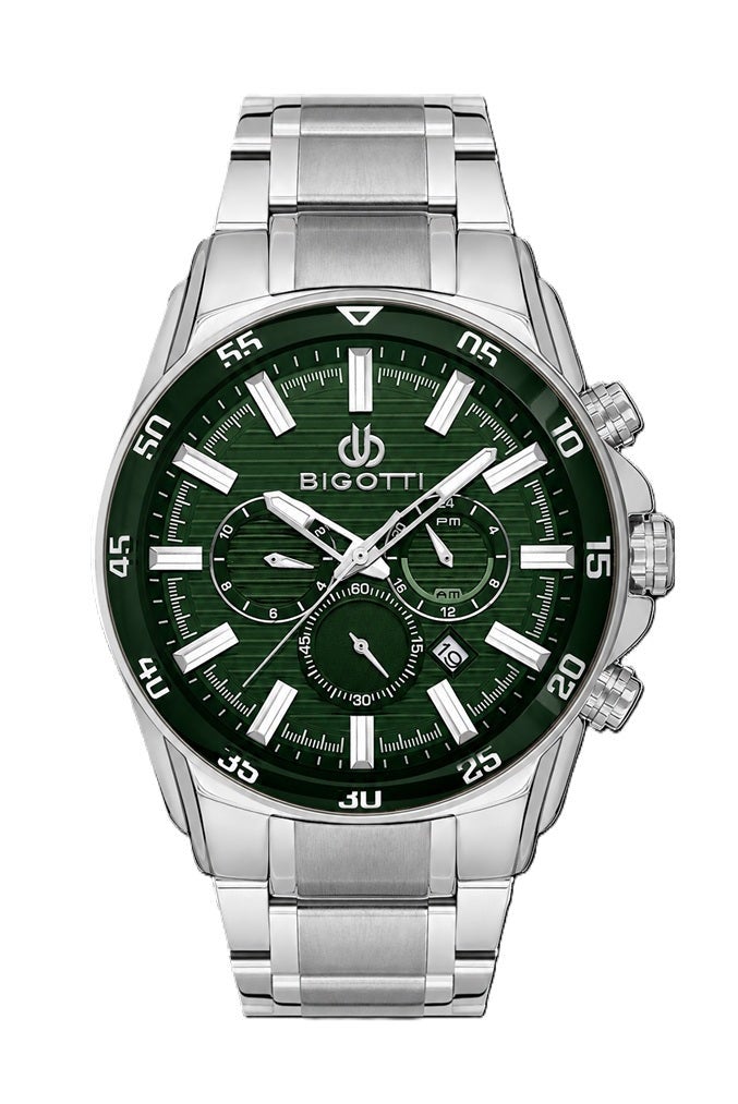 Bigotti Raffinato Silver Stainless Steel Watch for Men BG.1.10675-7 - Dark Green Emboss Dial, 46mm Case, Japanese Quartz, Date Display, 50M Water Resistant, Mineral Glass - Image 1