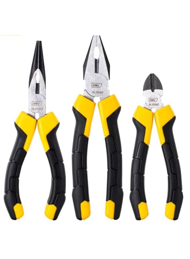 Deli 3-Piece German Pliers Set – 8" Combination, 6" Long Nose, 6" Diagonal Cutting | Cr-V Steel, TPR Handle | High Precision, Effort Saving, Double Blister Pack – Polished Finish