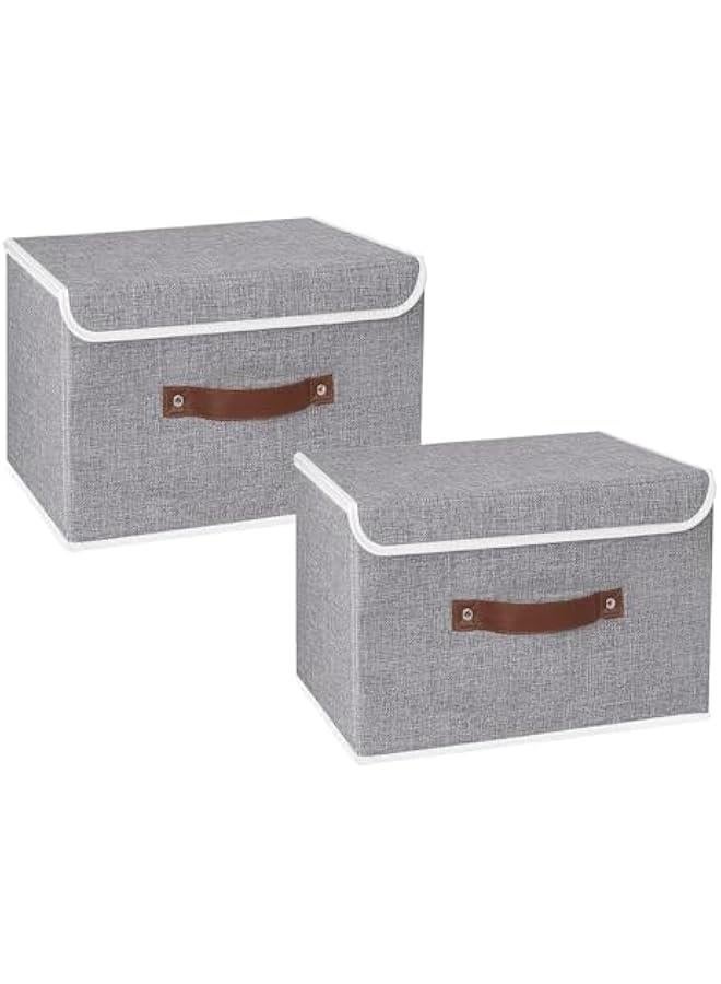 HOOKOR Durku Storage Bin with Lid Storage Boxes with PU Leather Handles PP Plastic Board Decorative Foldable Lidded Cotton Linen Fabric Home Cubes Baskets Closet Organizer Container,Grey (2 Pack) - Image 1
