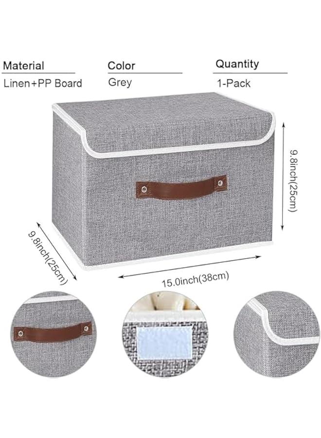 HOOKOR Durku Storage Bin with Lid Storage Boxes with PU Leather Handles PP Plastic Board Decorative Foldable Lidded Cotton Linen Fabric Home Cubes Baskets Closet Organizer Container,Grey (2 Pack) - Image 2