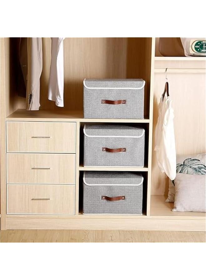 HOOKOR Durku Storage Bin with Lid Storage Boxes with PU Leather Handles PP Plastic Board Decorative Foldable Lidded Cotton Linen Fabric Home Cubes Baskets Closet Organizer Container,Grey (2 Pack) - Image 4