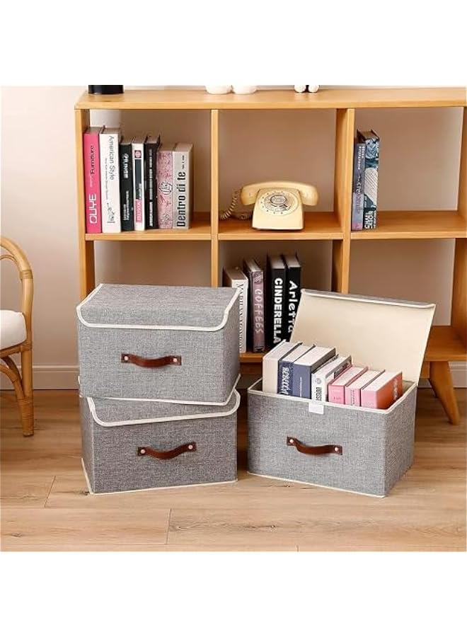 HOOKOR Durku Storage Bin with Lid Storage Boxes with PU Leather Handles PP Plastic Board Decorative Foldable Lidded Cotton Linen Fabric Home Cubes Baskets Closet Organizer Container,Grey (2 Pack) - Image 5