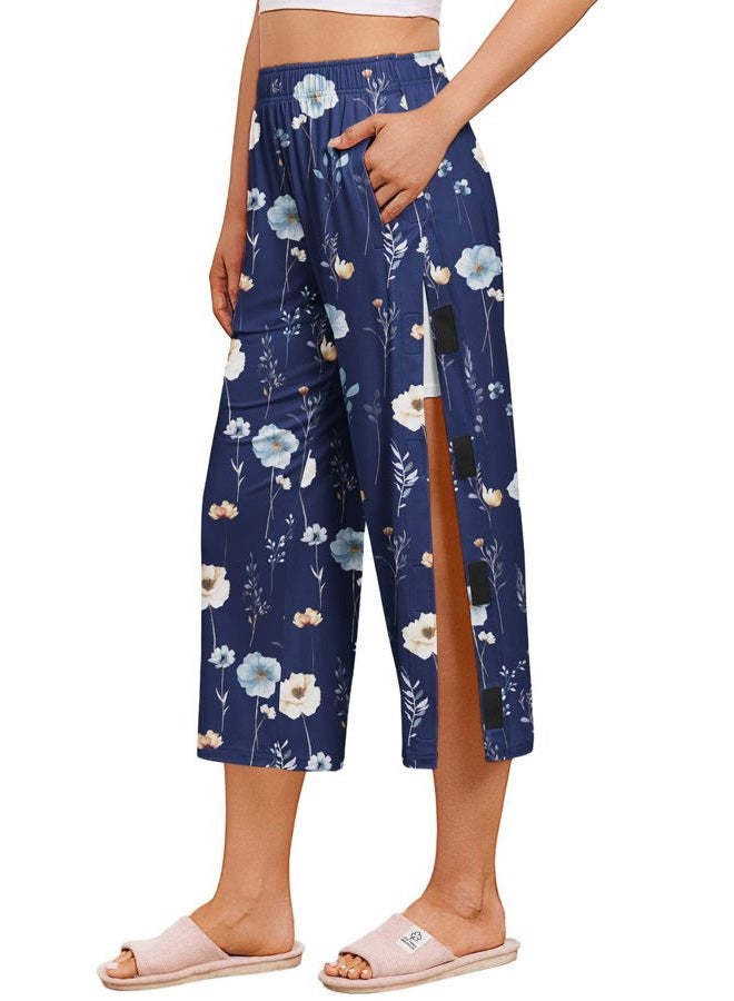 Deyeek Womens Tear Away Breakaway Capri Pants Post Surgery Recovery Hip Knee Ankle Replacement Adaptive Magic Tape 2 Pockets, Bue Print, L - Image 1