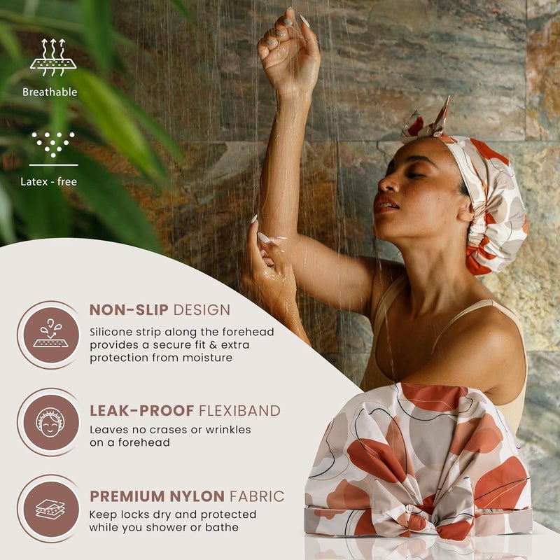 SMPL objects Shower Cap for Women, Luxury, Fashionable, Reusable, Waterproof Turban Shower Cap for Long Hair (Shapes of beige) - Image 2