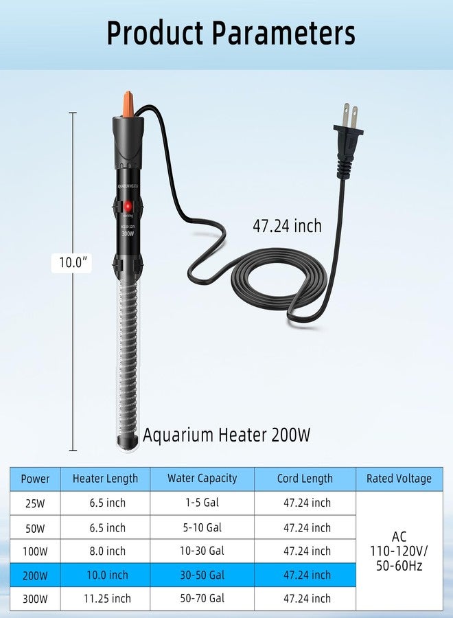 HiTauing Aquarium Heater 200W, Adjustable Knob Fish Tank Heater with 2 Powerful Suction Cups, Submersible Betta/Turtle Tank Heater for Freshwater and Saltwater Tanks - Image 2