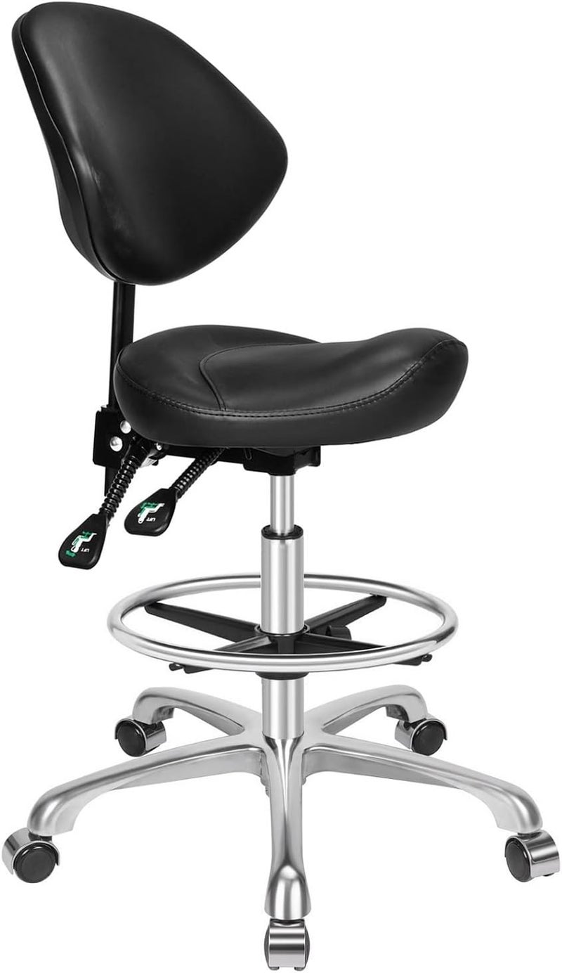 Kaleurrier Ergonomic Rolling Swivel Saddle Stool with WheelsPneumatic Lifting Height Adjustable Drafting Chair for Clinic Hair Salon Massage Lab Home Office Blackwith Back Rest  Footrest