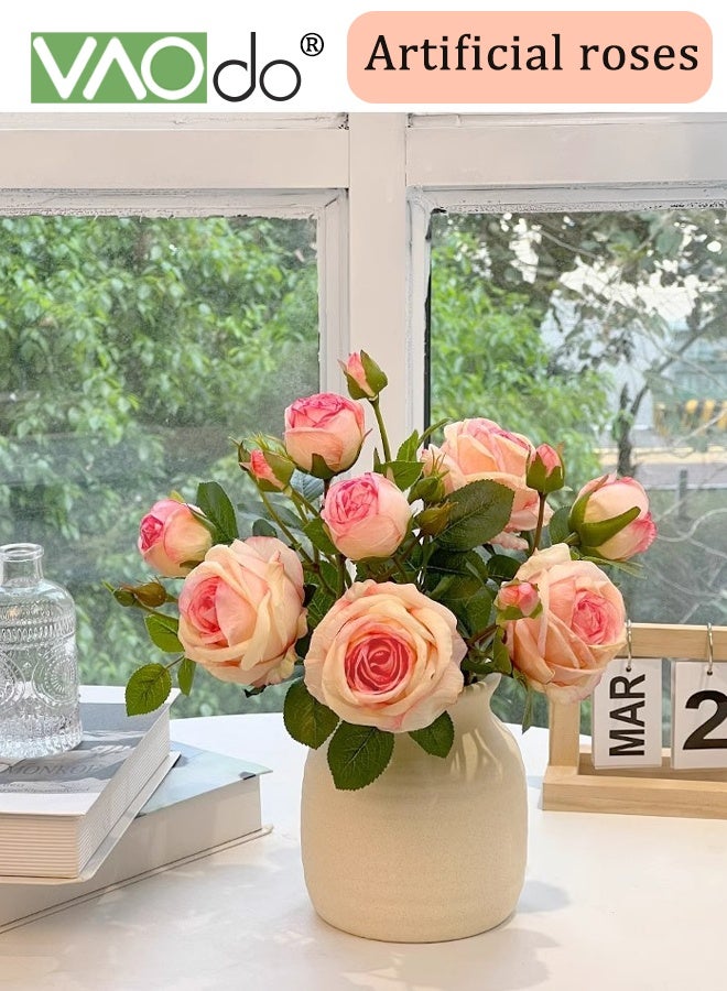 VAOdo Fake Artificial Flowers with Pottery Vase, Rose Silk Faux Flowers, No Fade Long Stem Fake Silk Roses,  for DIY Wedding Bouquet Table Centerpiece Home Decoration Pink - Image 5