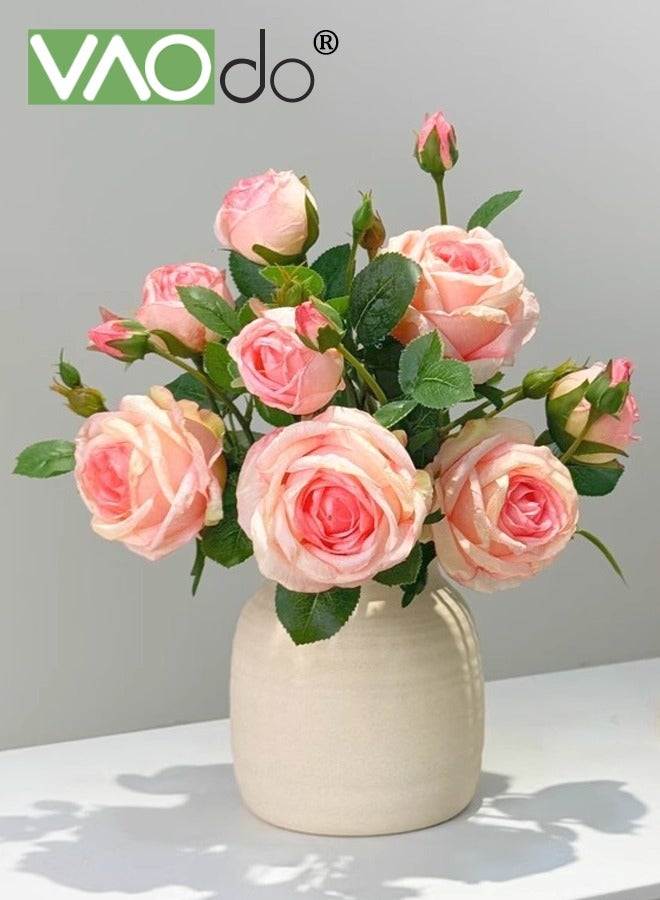 VAOdo Fake Artificial Flowers with Pottery Vase, Rose Silk Faux Flowers, No Fade Long Stem Fake Silk Roses,  for DIY Wedding Bouquet Table Centerpiece Home Decoration Pink - Image 1