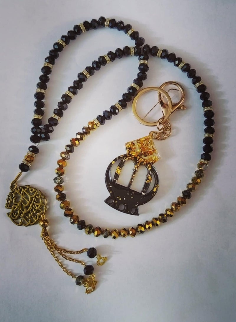 RA accessories Set  ( Ramdan Gift) Unisex Islamic of Rezen & Crystal Rosary Black * Golden   99 & Key Chain  - Image 1