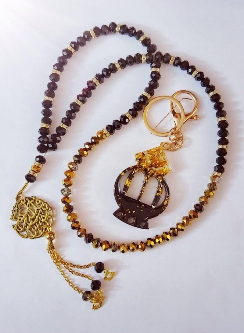 RA accessories Set  ( Ramdan Gift) Unisex Islamic of Rezen & Crystal Rosary Black * Golden   99 & Key Chain  - Image 2