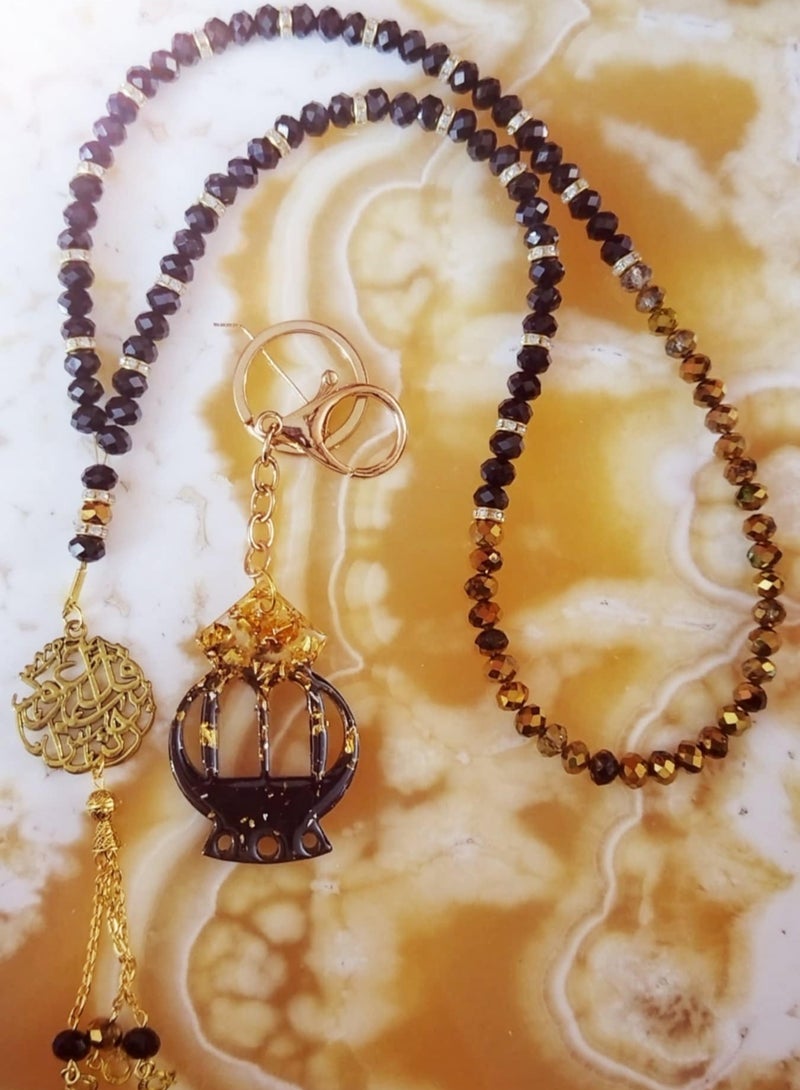 RA accessories Set  ( Ramdan Gift) Unisex Islamic of Rezen & Crystal Rosary Black * Golden   99 & Key Chain  - Image 3