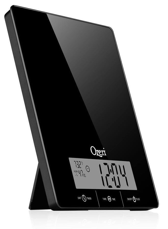 Ozeri Touch III 22 lbs (10 kg) Kitchen Scale in Tempered Glass, with Clock, Temperature & Humidity Gauge - Image 1