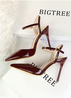 BIGTREE 10.5cm Thin Heels Ultra High Heels Shallow Mouth Sharp Toe Lacquer Leather Slim Slim One Line Women's High Heels Brown  - Image 2