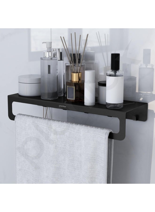 Plantex Alloy Steel No Drill Bathroom Organiser/Self Adhesive Wall Mount Multipurpose Shelf/Rack/Towel Rod/Hooks for Bathroom - Pack of 1 (15 x 5 Inch, Black) - Image 2