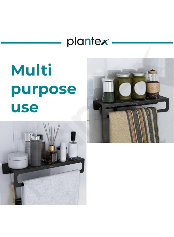 Plantex Alloy Steel No Drill Bathroom Organiser/Self Adhesive Wall Mount Multipurpose Shelf/Rack/Towel Rod/Hooks for Bathroom - Pack of 1 (15 x 5 Inch, Black) - Image 4