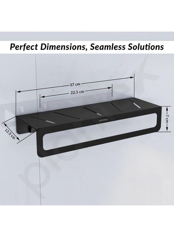 Plantex Alloy Steel No Drill Bathroom Organiser/Self Adhesive Wall Mount Multipurpose Shelf/Rack/Towel Rod/Hooks for Bathroom - Pack of 1 (15 x 5 Inch, Black) - Image 3