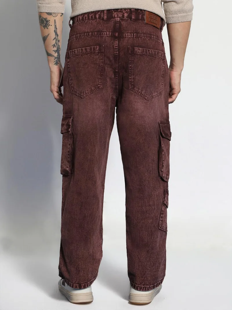 Urbano Fashion  Urbano Fashion Men's Brown Loose Baggy Fit Washed Cargo Jeans with 7 Pockets Non-Stretchable  | Best Price UAE