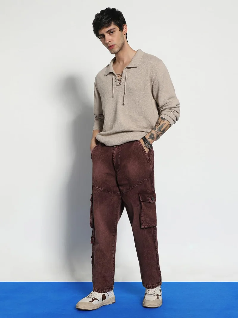 Urbano Fashion  Urbano Fashion Men's Brown Loose Baggy Fit Washed Cargo Jeans with 7 Pockets Non-Stretchable  | Best Price UAE