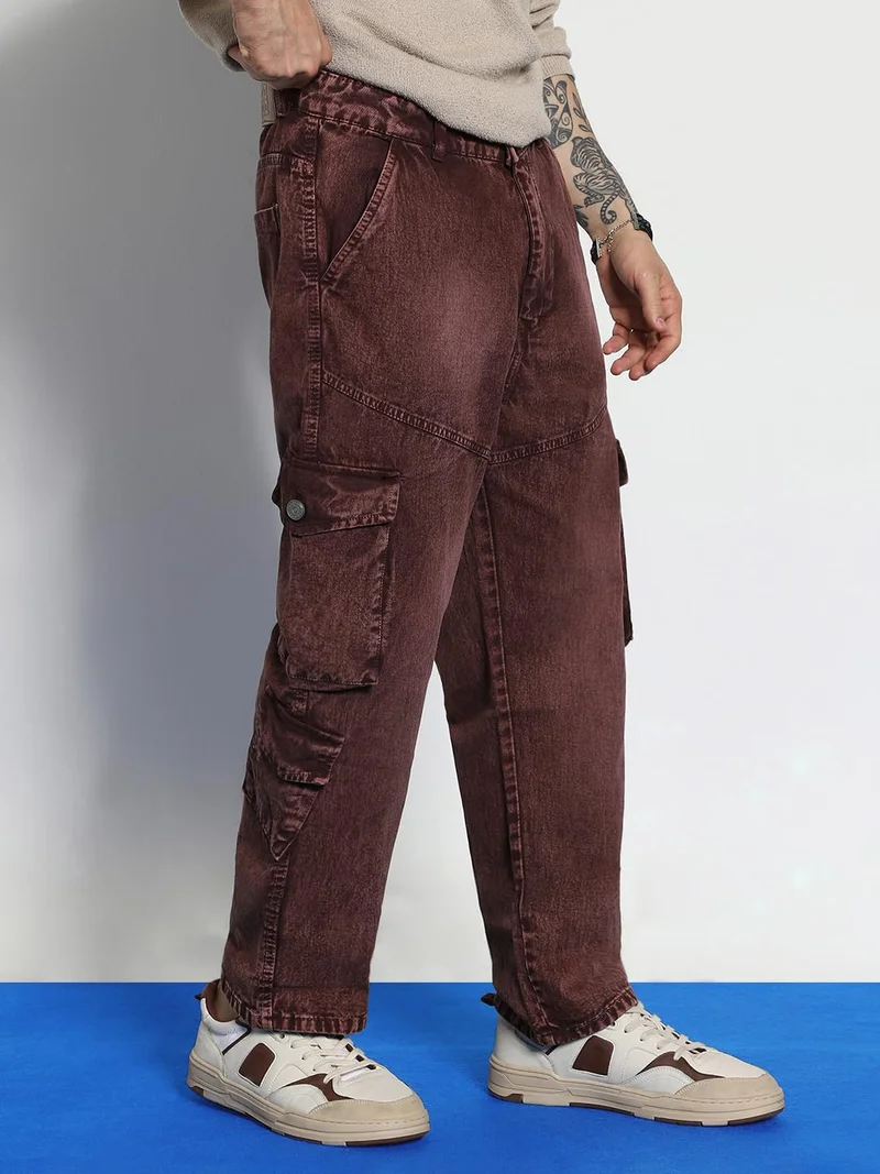 Urbano Fashion  Urbano Fashion Men's Brown Loose Baggy Fit Washed Cargo Jeans with 7 Pockets Non-Stretchable  | Best Price UAE