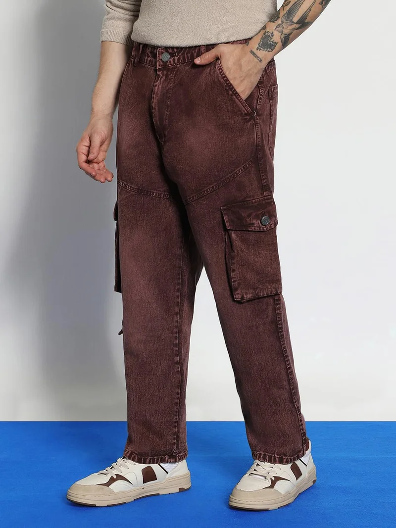 Urbano Fashion  Urbano Fashion Men's Brown Loose Baggy Fit Washed Cargo Jeans with 7 Pockets Non-Stretchable  | Best Price UAE