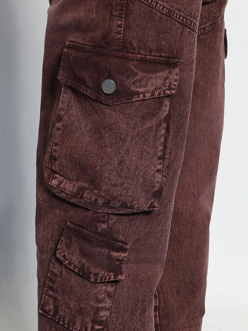 Urbano Fashion  Urbano Fashion Men's Brown Loose Baggy Fit Washed Cargo Jeans with 7 Pockets Non-Stretchable  | Best Price UAE