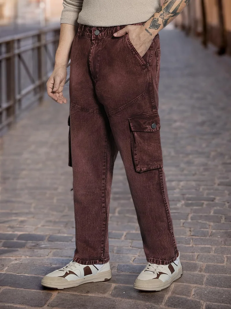 Urbano Fashion Men's Brown Loose Baggy Fit Washed Cargo Jeans with 7 Pockets Non-Stretchable