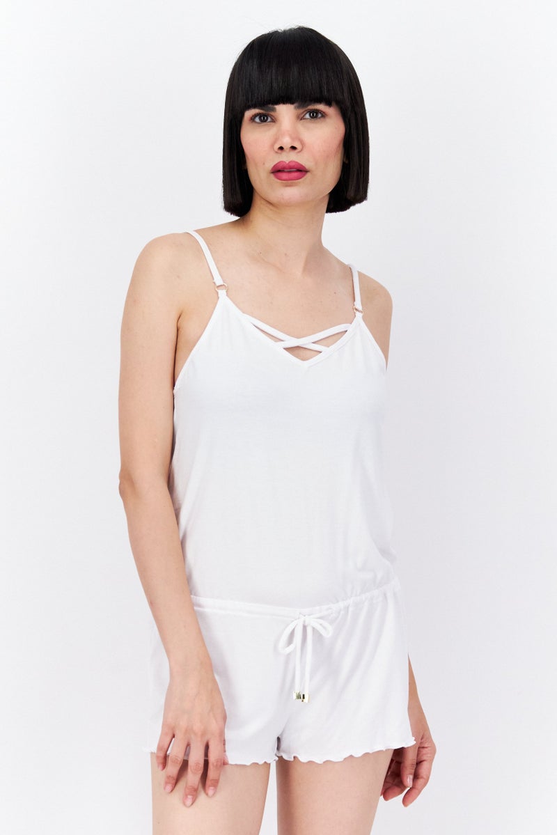 California Waves Women Tie Waist Swim Cover Up Romper, White  - Image 1