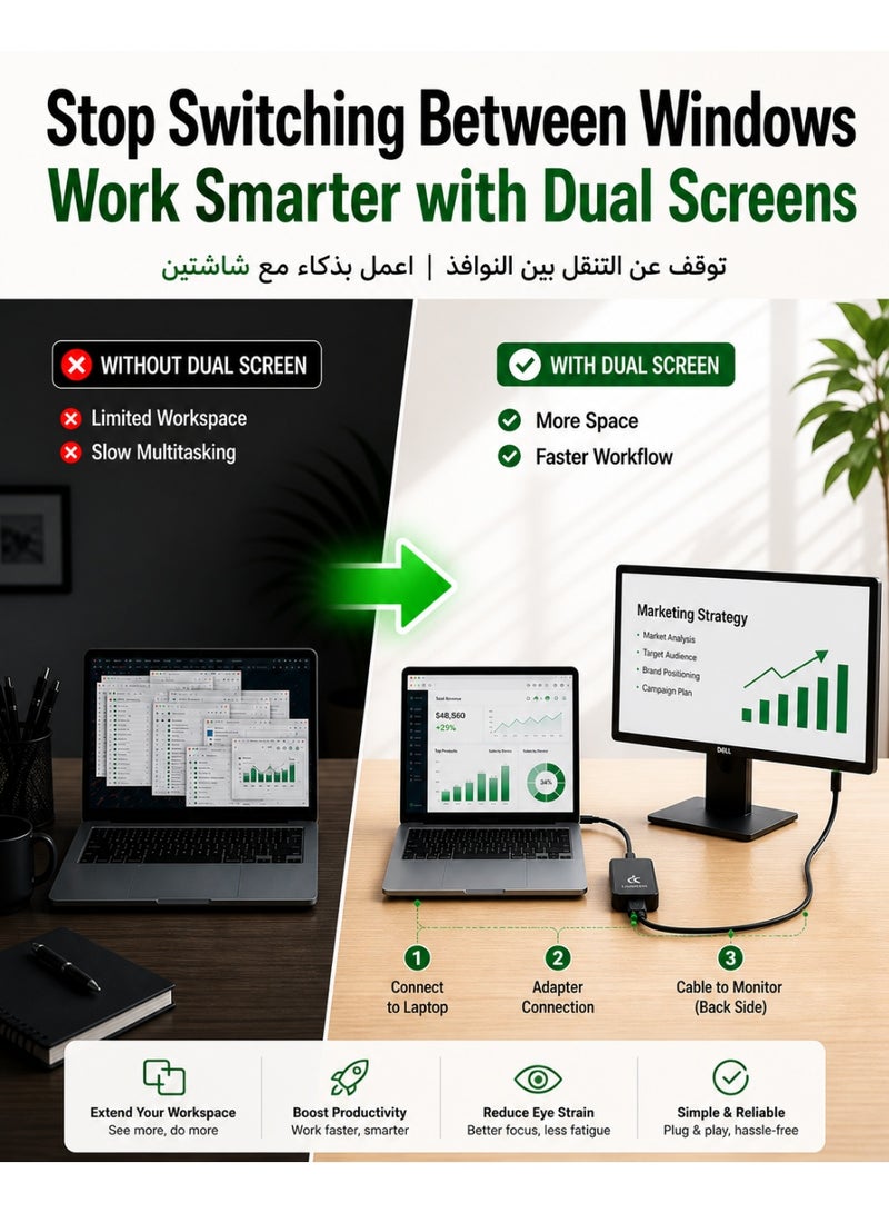 Fujishka USB 3.0 to HDMI Adapter 25CM | 1080p Full HD | Dual Screen for Laptop - Image 3