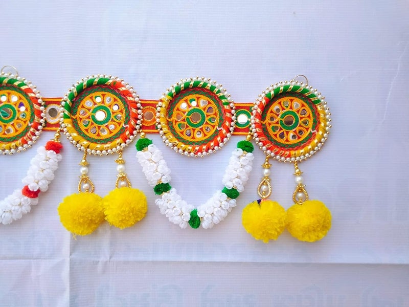 PREETENCY Roung Beads Multi Ring Embroidery Work and Meri Gold Flower Toran Traditional Decoration HangingBandarwalToran for Door 36 inch Length Round Moti Ring - Image 3