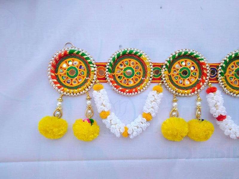 PREETENCY Roung Beads Multi Ring Embroidery Work and Meri Gold Flower Toran Traditional Decoration HangingBandarwalToran for Door 36 inch Length Round Moti Ring - Image 4