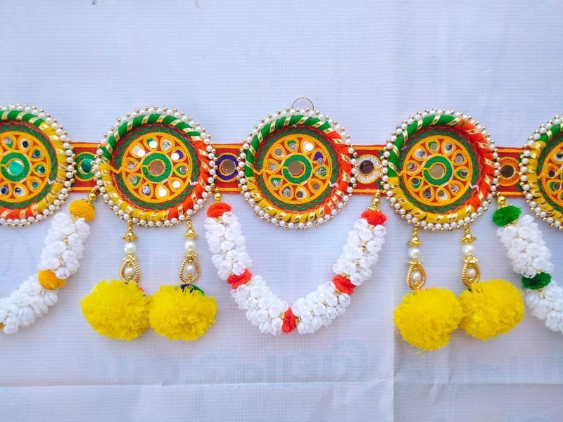 PREETENCY Roung Beads Multi Ring Embroidery Work and Meri Gold Flower Toran Traditional Decoration HangingBandarwalToran for Door 36 inch Length Round Moti Ring - Image 2