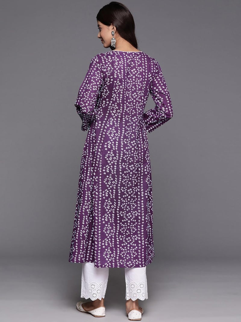 Varanga Women Purple V-Neck Bandhani Print Angrakha Style Anarkali Kurta with Piping Detail for Traditional (Medium) - Image 3