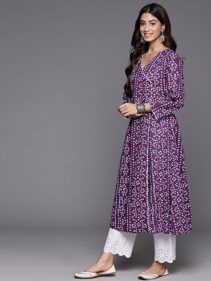 Varanga Women Purple V-Neck Bandhani Print Angrakha Style Anarkali Kurta with Piping Detail for Traditional (Medium) - Image 2
