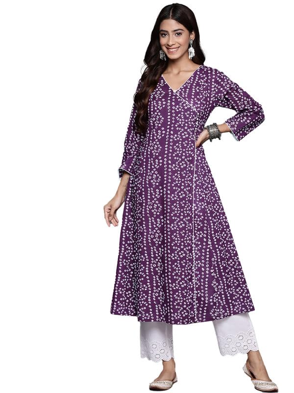 Varanga Women Purple V-Neck Bandhani Print Angrakha Style Anarkali Kurta with Piping Detail for Traditional (Medium) - Image 1