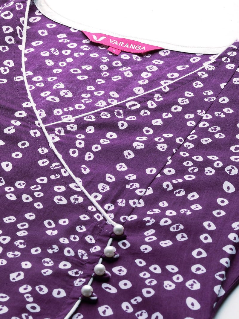 Varanga Women Purple V-Neck Bandhani Print Angrakha Style Anarkali Kurta with Piping Detail for Traditional (Medium) - Image 4